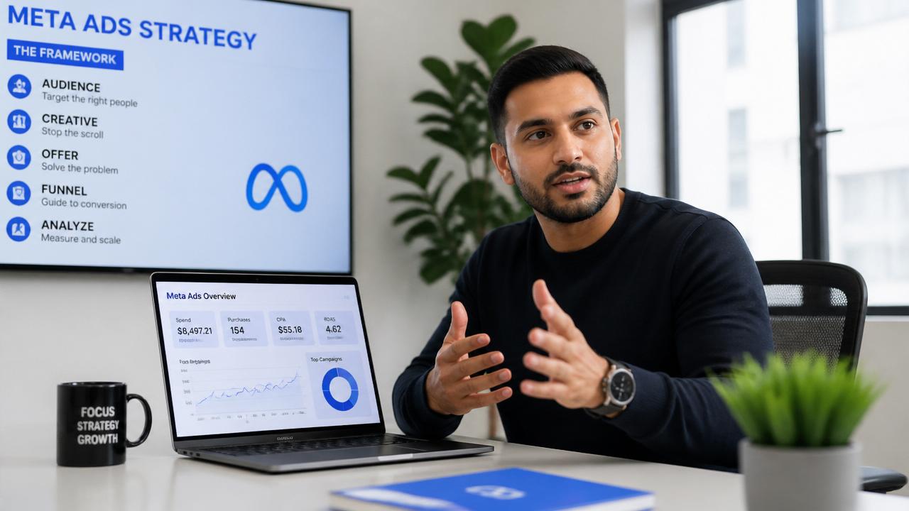 Meta Ads Mastery mentor teaching ad strategy with live dashboard